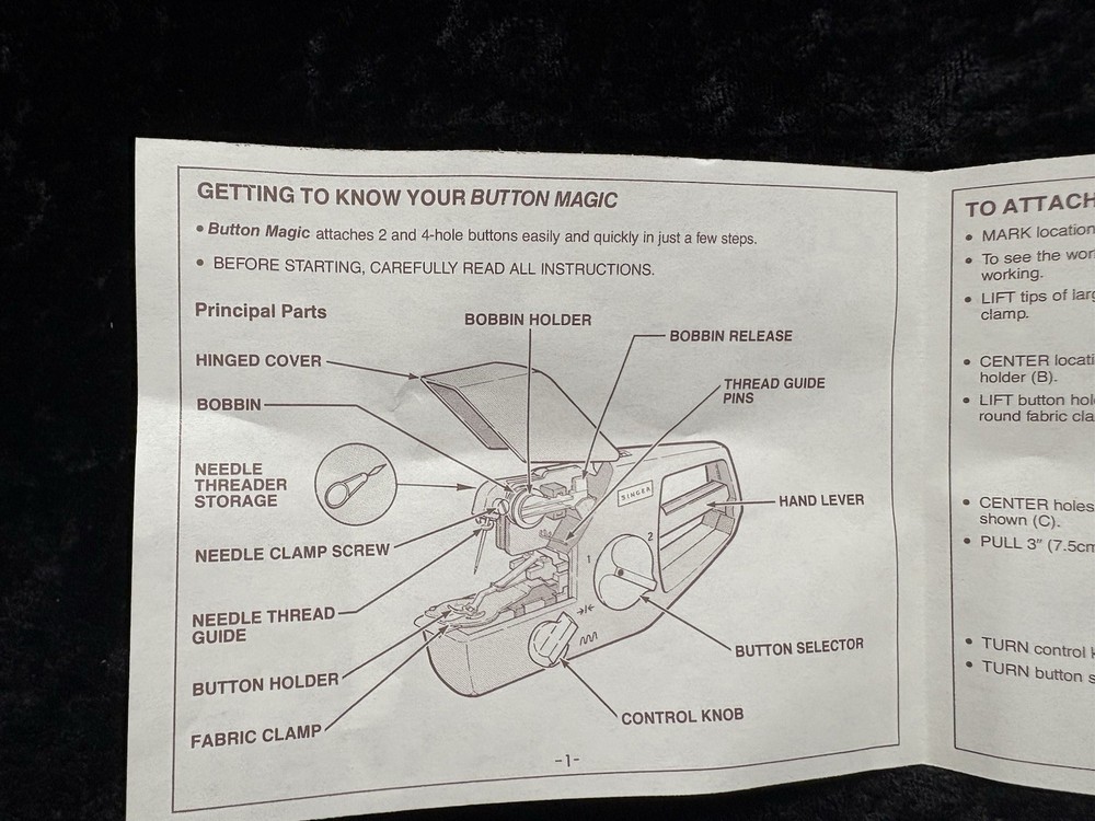 Vintage Model B100A Singer Button Magic Hand Held Button Sewer Original Box