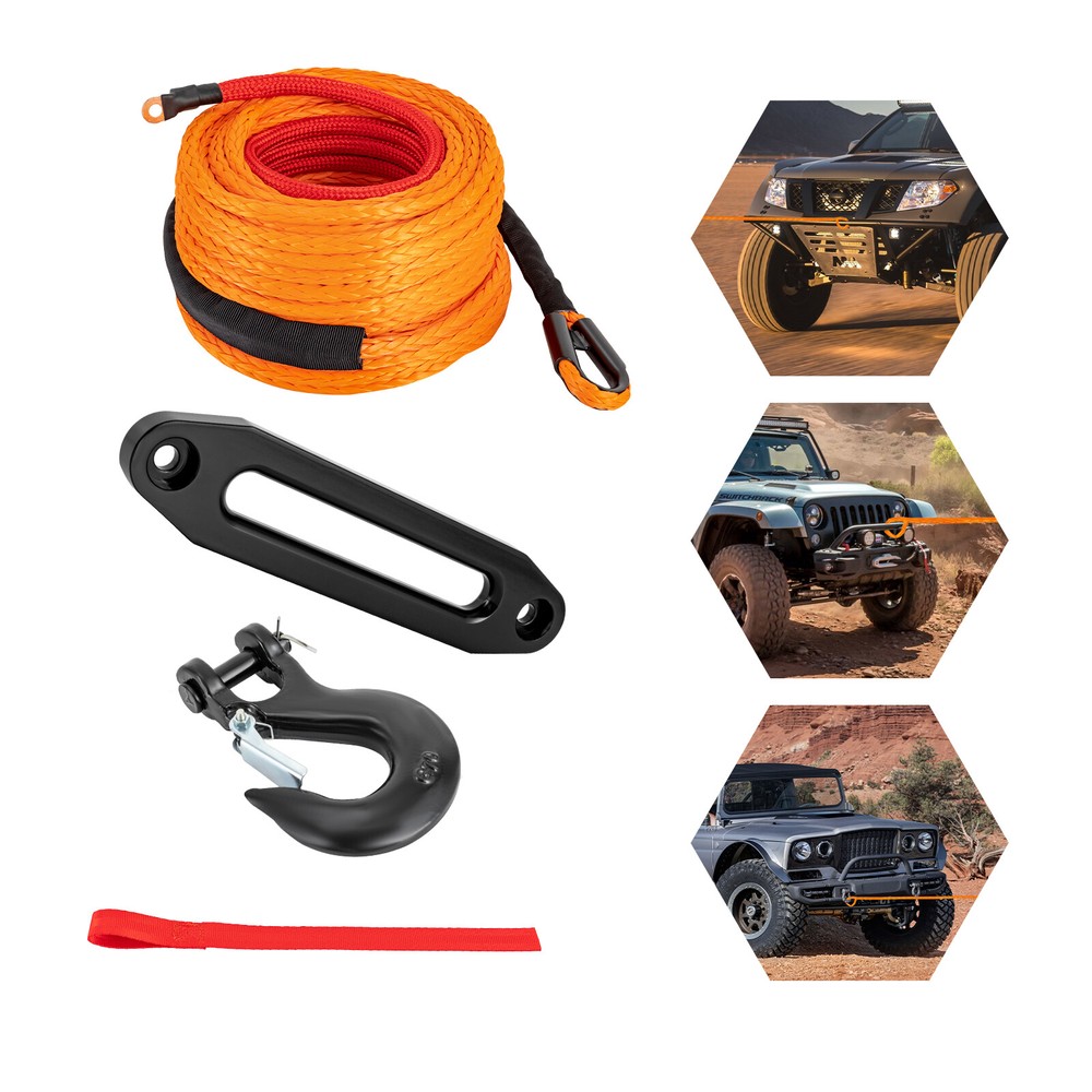 3/8" 100 FT Synthetic Winch Rope Winch Line Cable Rope with Winch Hook Fairleads