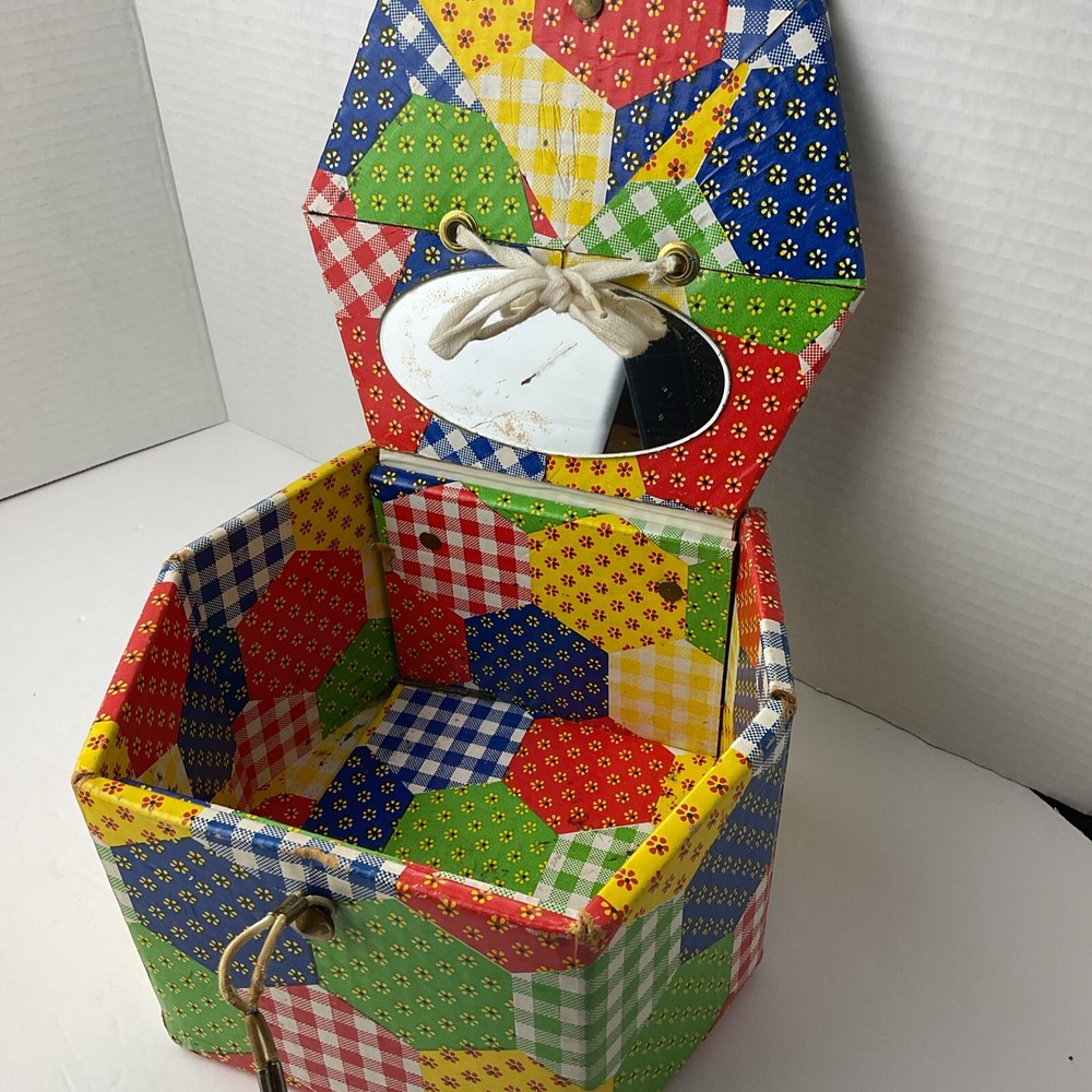 Patchwork Print Sewing Box with Tray Vintage 70s Hexagon Shape Storage