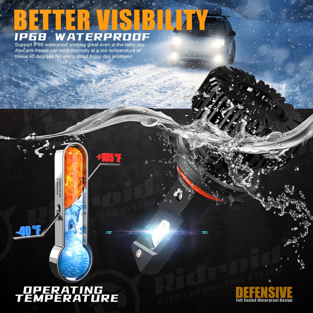 RIDROID LED Headlight Bulbs Conversion Kit 9005 H11 High Low Beam with canbus