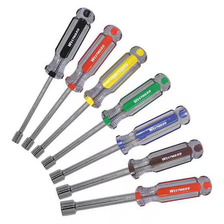 Westward 401L15 Nut Driver Set, 7 Pcs, Solid Round, Sae