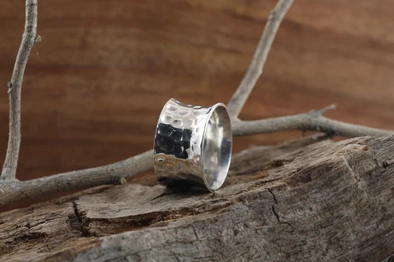 925 Sterling Silver, Solid Silver, Band Ring, Hammer Wide Cigar Band Ring