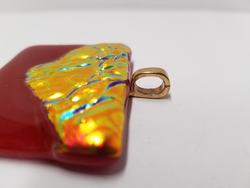 "Burning Up" Multi Colored Dichroic Fused Red Glass Rectangle Pendant
