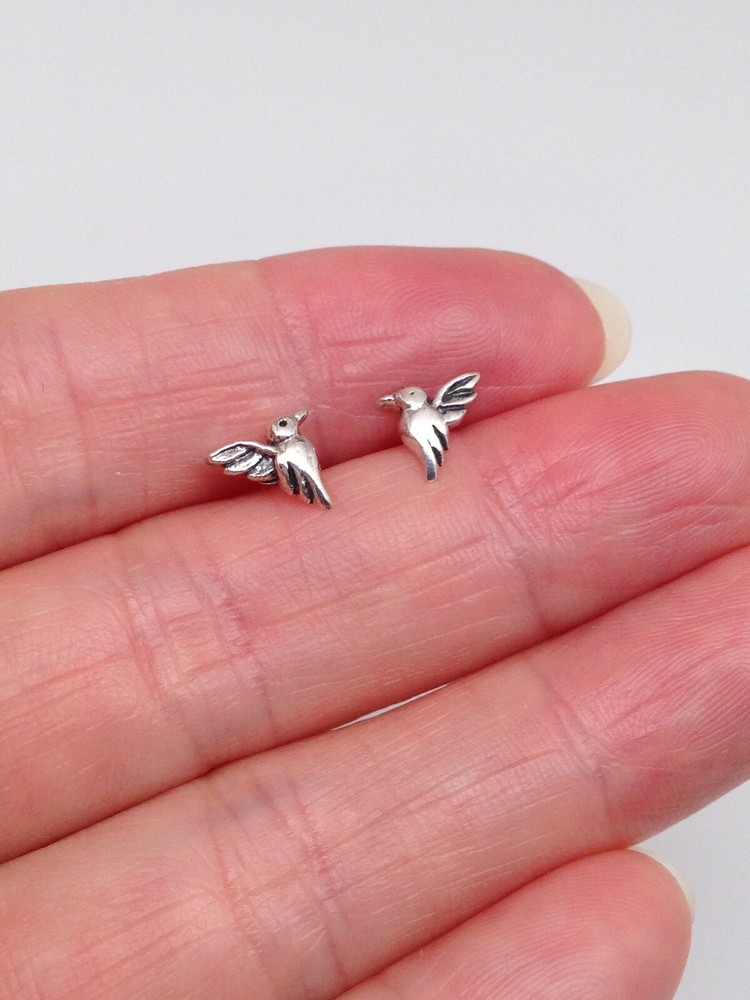 Solid Silver Hummingbird Stud Earrings 925 Sterling Silver Post Tiny 7mm