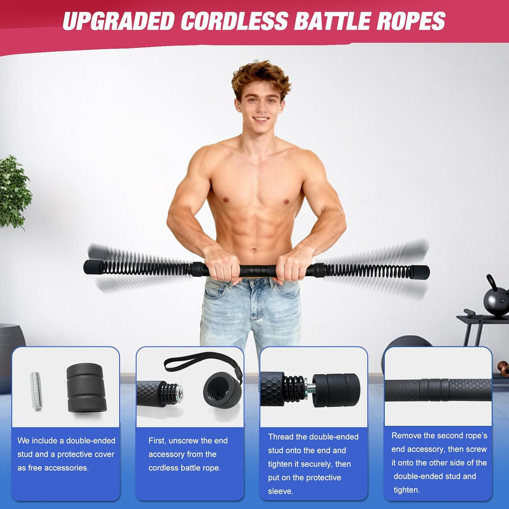 2-In-1 Ropeless Battle Ropes (2-Pack), Adjustable to Resistance Training Stick –