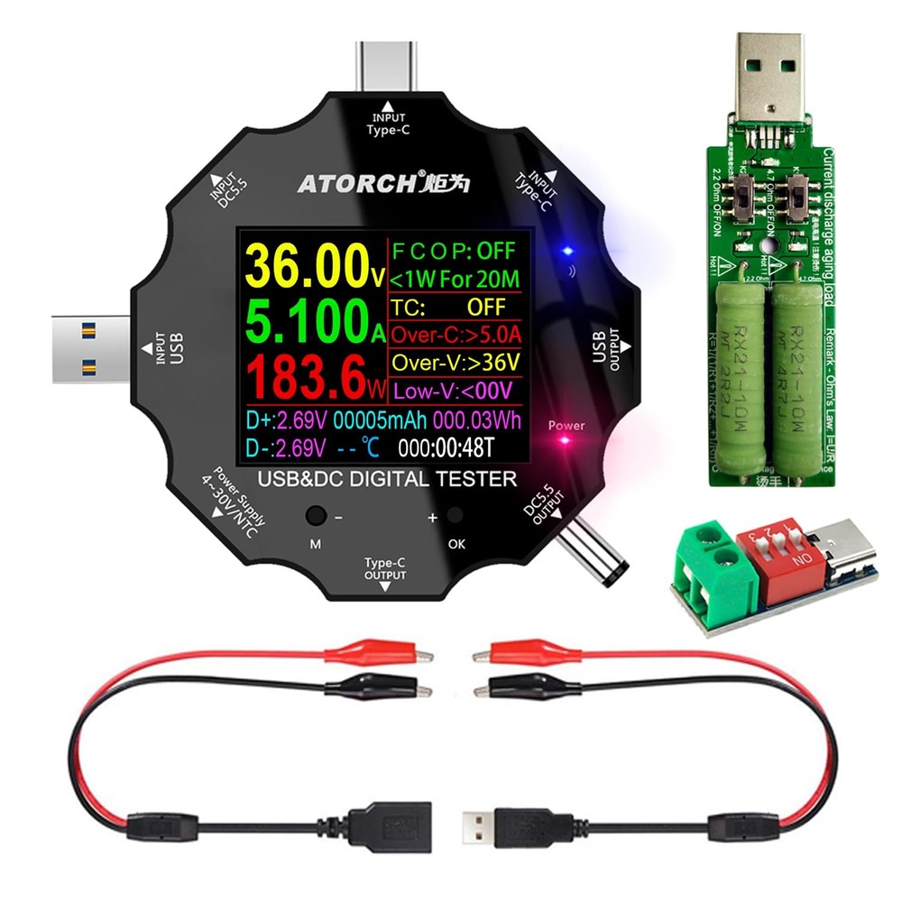 USB C Tester, 3 in 1 Type C DC5.5 USB Meter USB Load Color Screen IPS Digital...