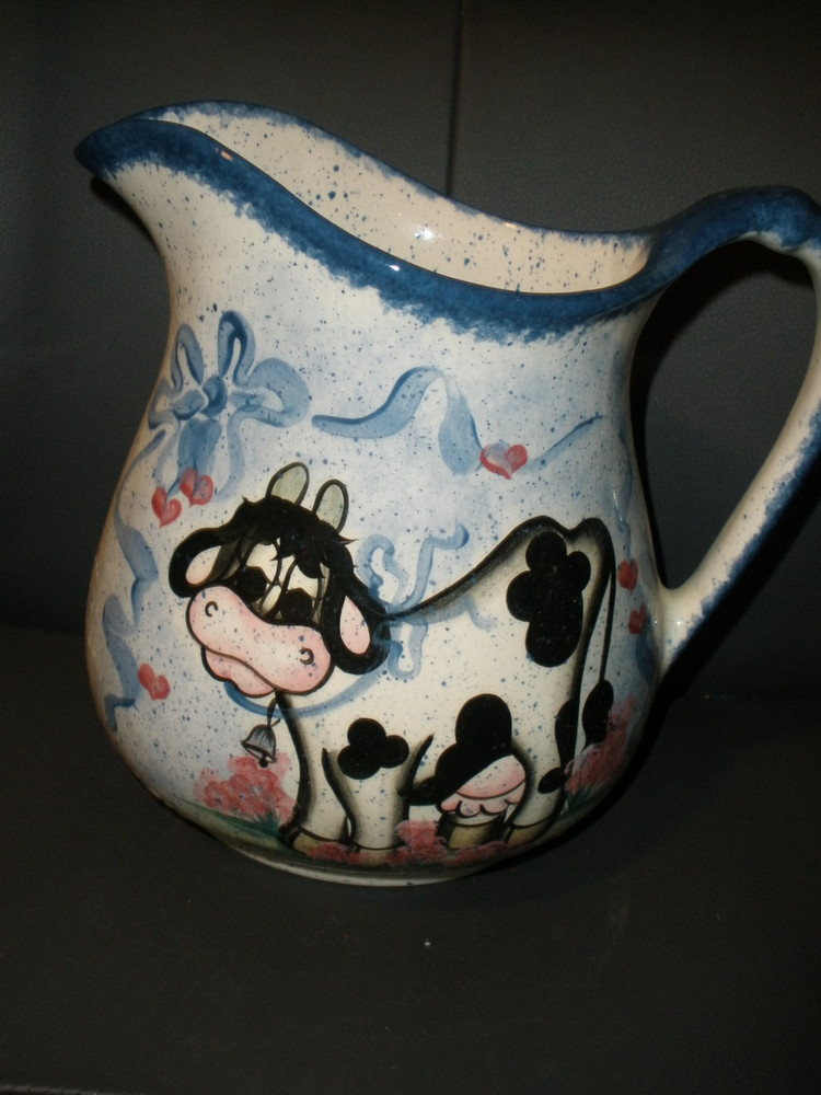 Large Hand Painted Ceramic Pitcher with Cow 9" Tall