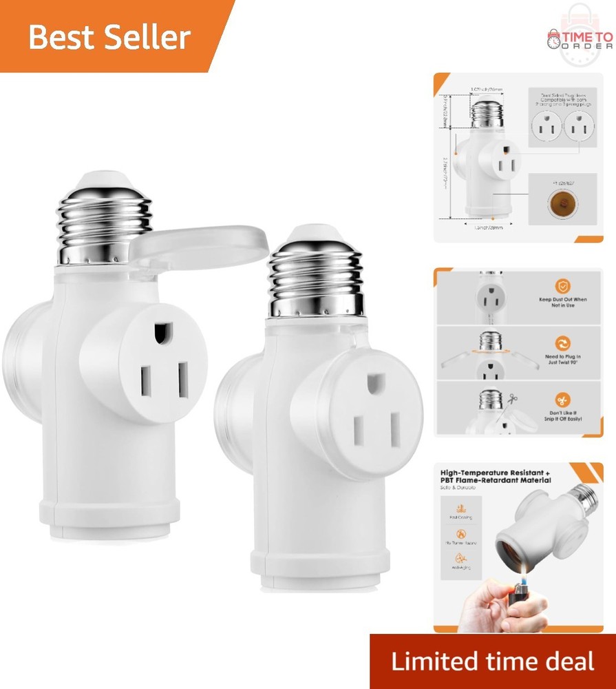 Light Socket Adapter 3 Prong Splitter Waterproof Dustproof White 2-Pack
