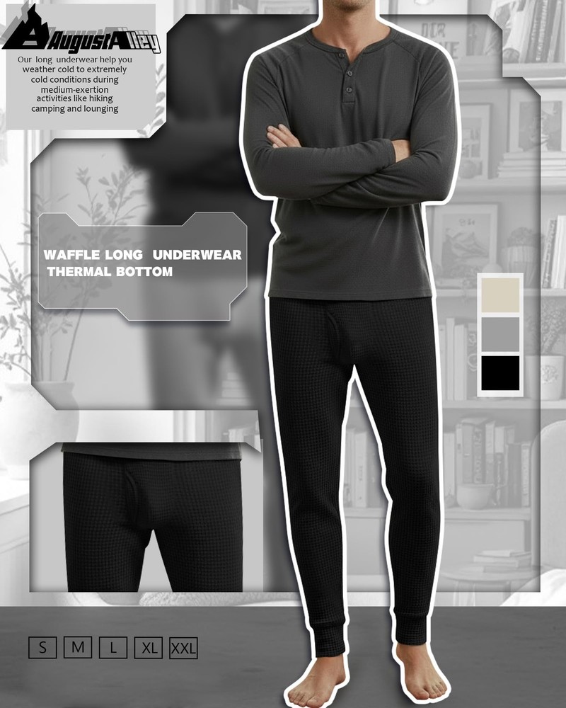 3 Pack Men's Waffle Thermal Bottom Long Underwear Johns Soft Base Layer(Black...