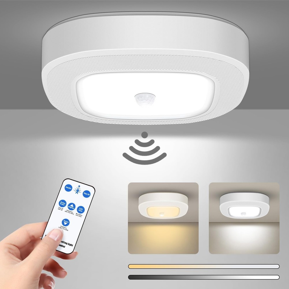 Dimmable Battery Powered Motion Sensor Ceiling Light with Remote Control