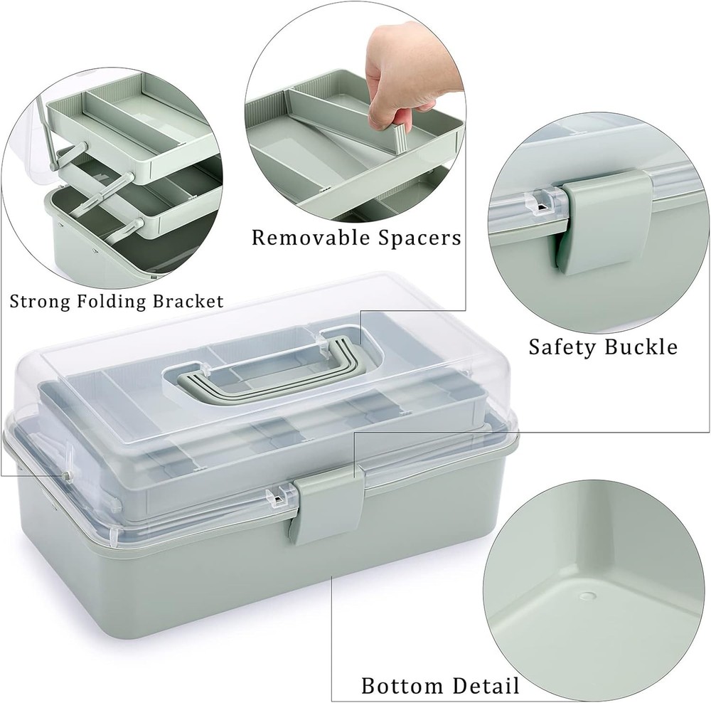 **BTSKY 3-Layer Craft Storage Box with Adjustable Dividers, Haze Green**