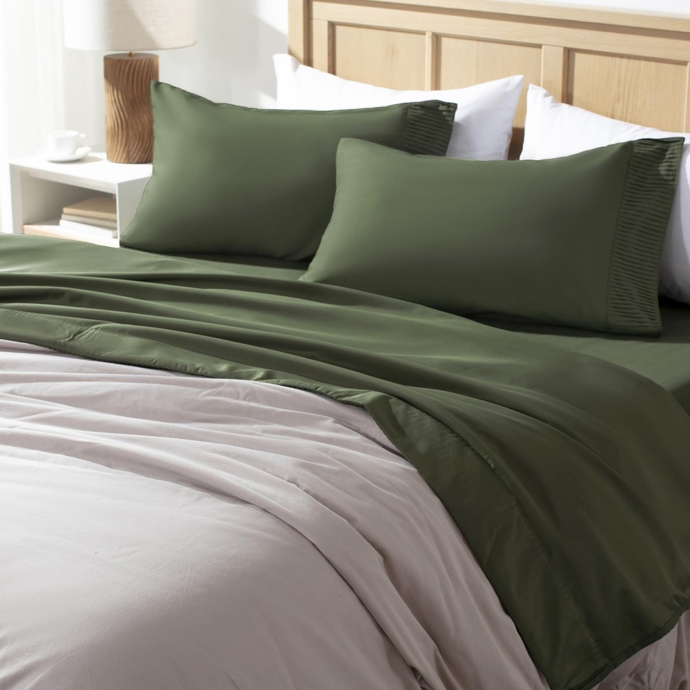 Queen Sheet Set 4 Pieces, Dark Olive Green Super Soft Sheets for Queen Size B...