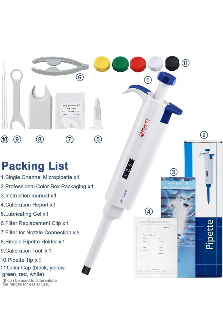 FOUR E'S SCIENTIFIC Variable Volume Single Channel Pipettors, 0.1-2.5uL