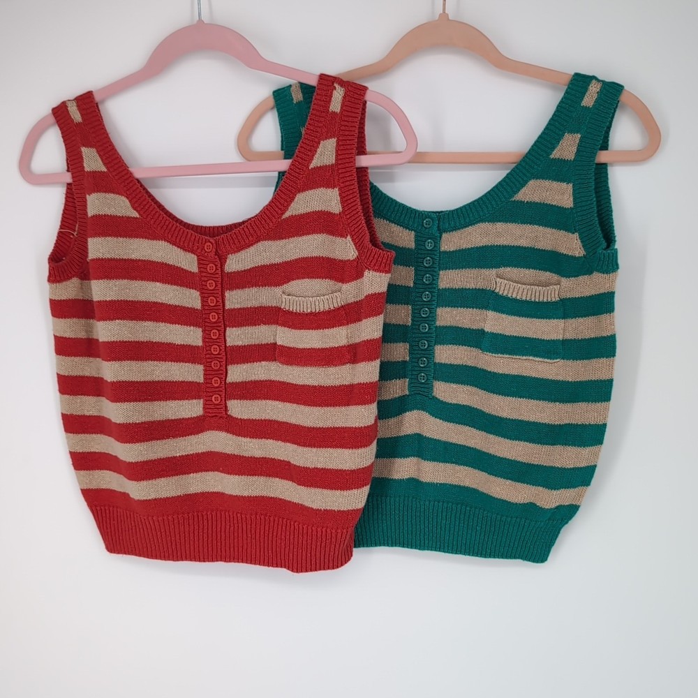 VNTG Headliners Button Up Nautical Stripe Sweater Vest Crop Medium Ribbed Bottom