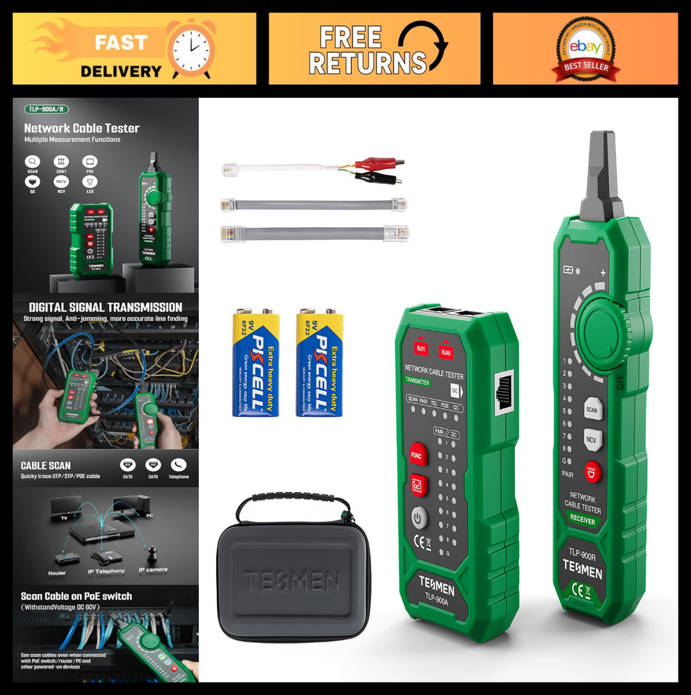 Multi-Function Network Cable Tester RJ11 RJ45 CAT5/6 POE STP, Continuity & Pairi