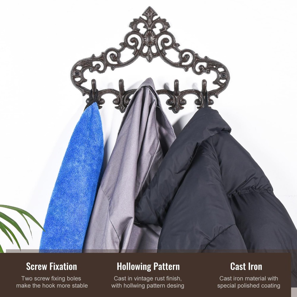 Cast Iron Rustic Coat Hook Hanger with 5 Hooks - Practical Iron Storage Organ...