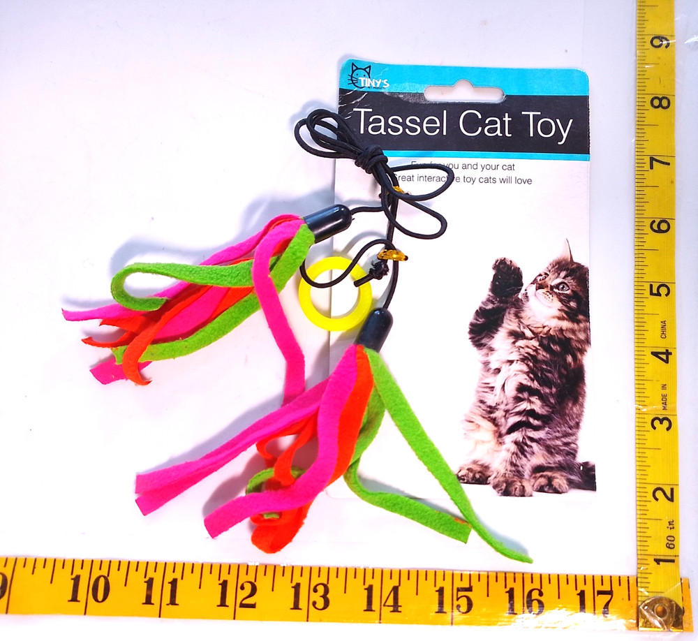 Tiny's group of two multicolored tassel cat toys