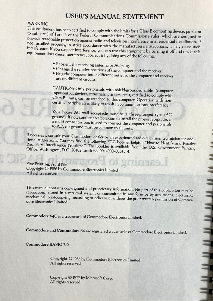 Commodore 64C Personal Computer System Guide Commodore Business Machines 1986