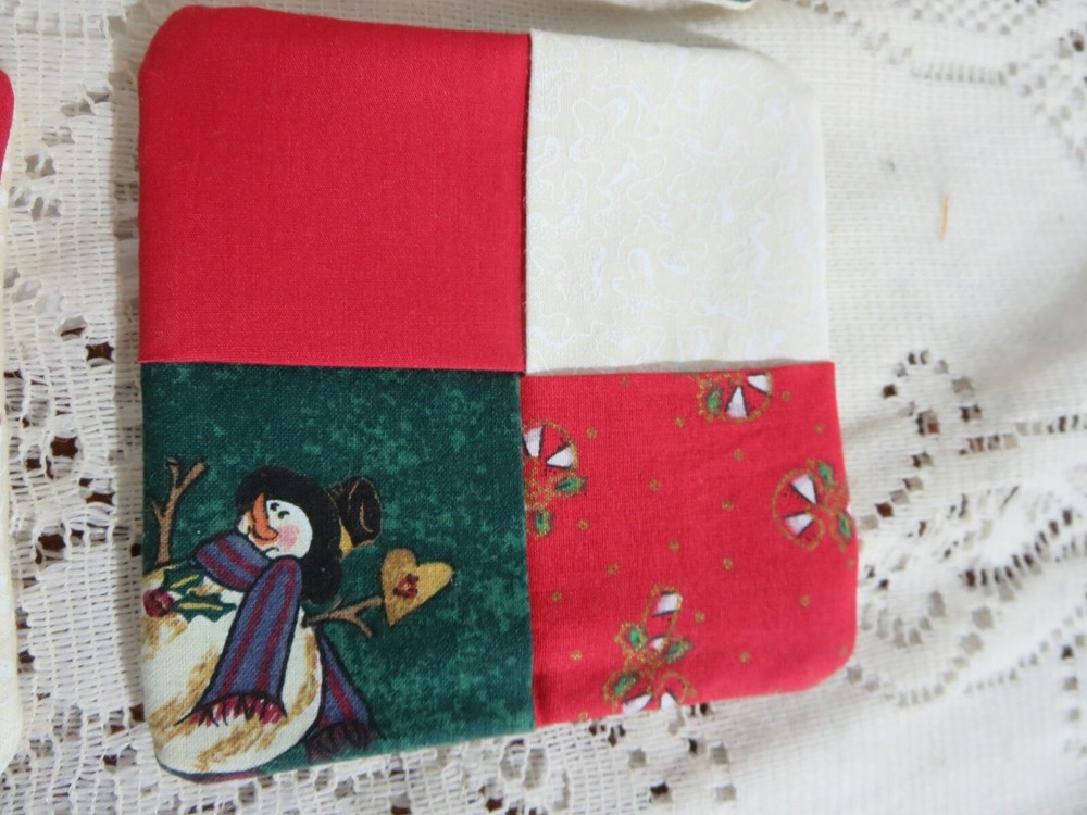 4 Handmade Quilted Snowman Coasters 4" Square