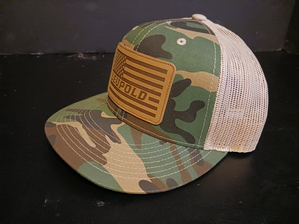 LEUPOLD Leather Flag Camo Snap-Back Trucker Hat Green White Meshback