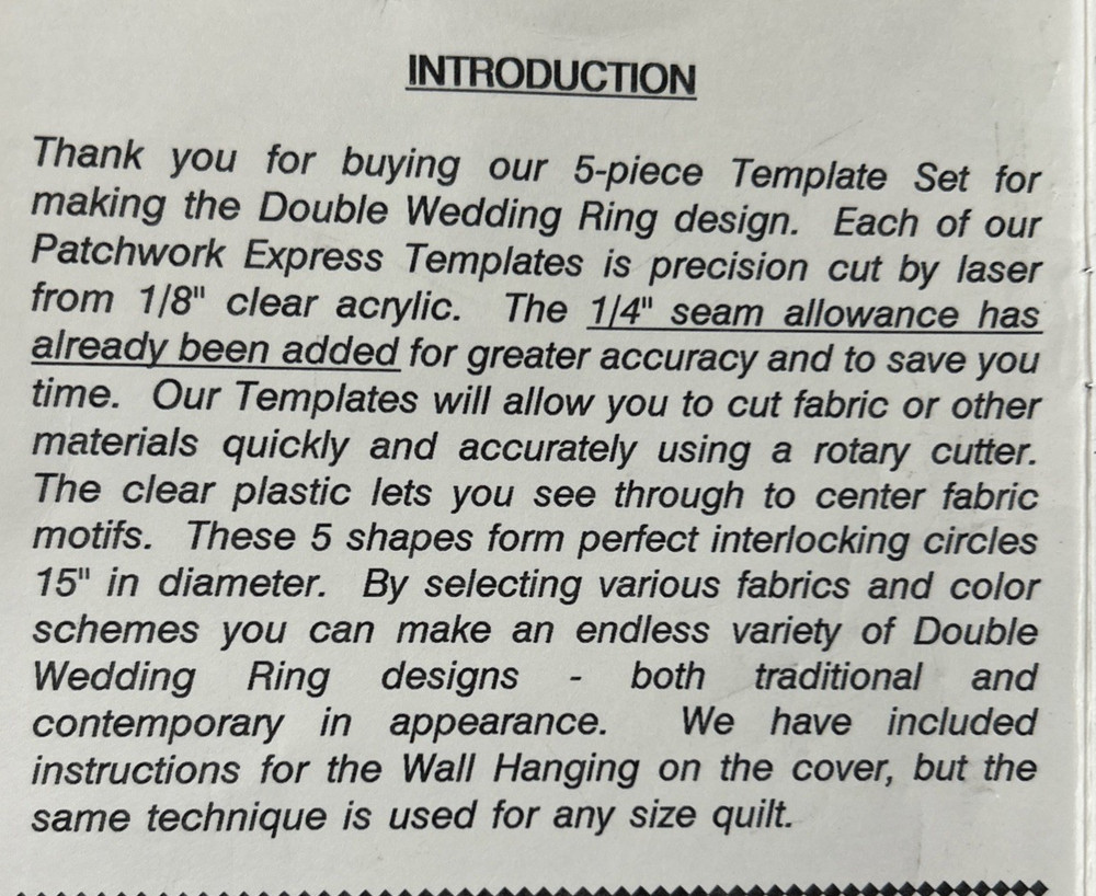 Double Wedding Ring Template Set- laser cut 5-piece by patchwork express