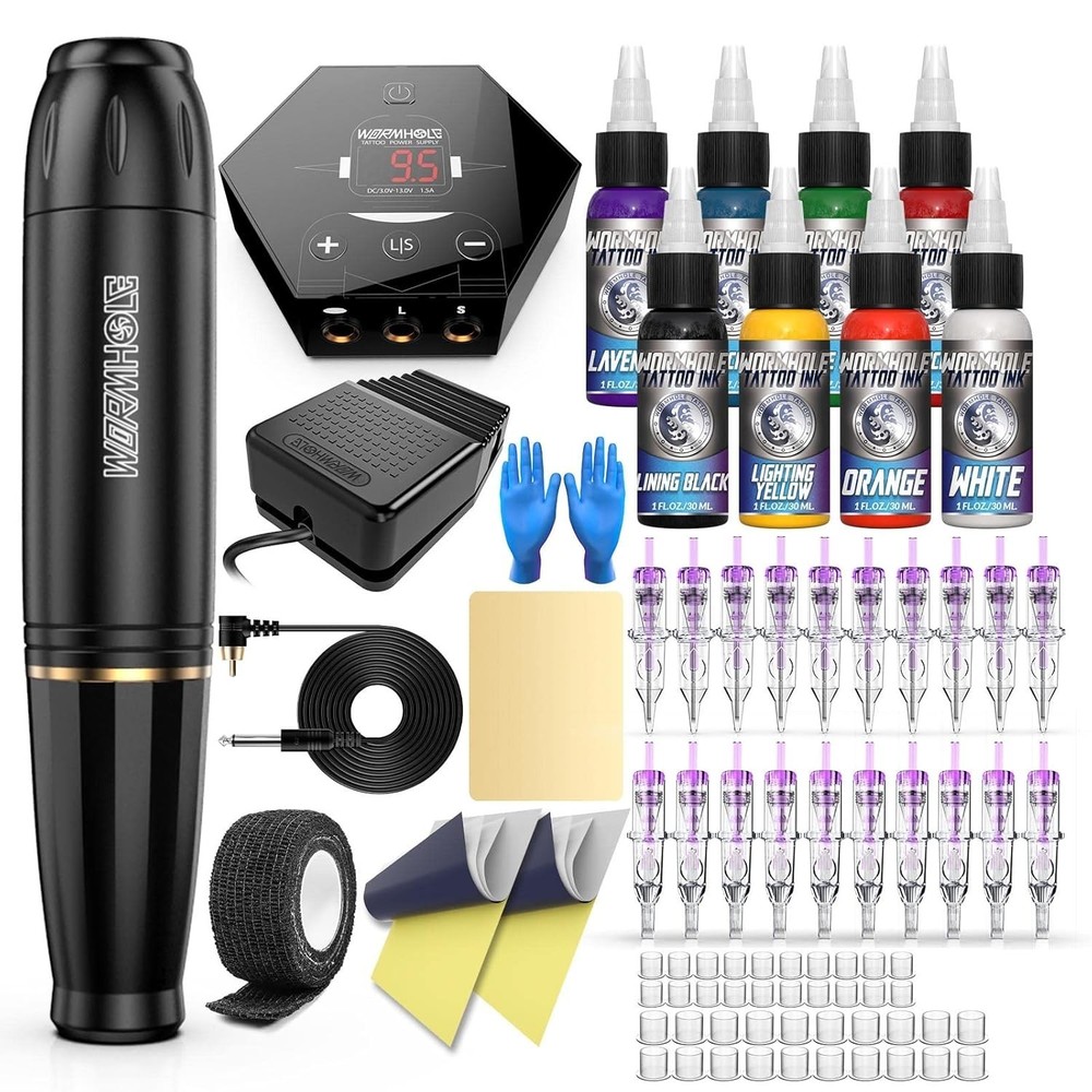 Compact Rotary Tattoo Pen Kit - 58pc Set, Beginner Friendly, High Quality