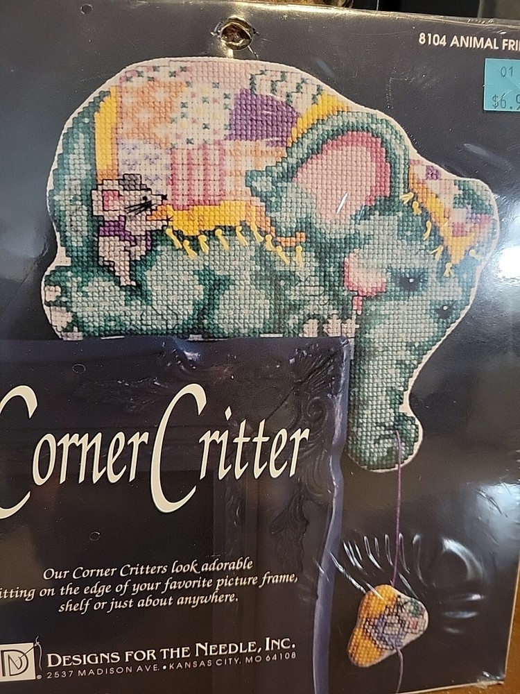 Elephant saving Mouse friend dangling w/cheese Corner Sitter  NeedlePoint