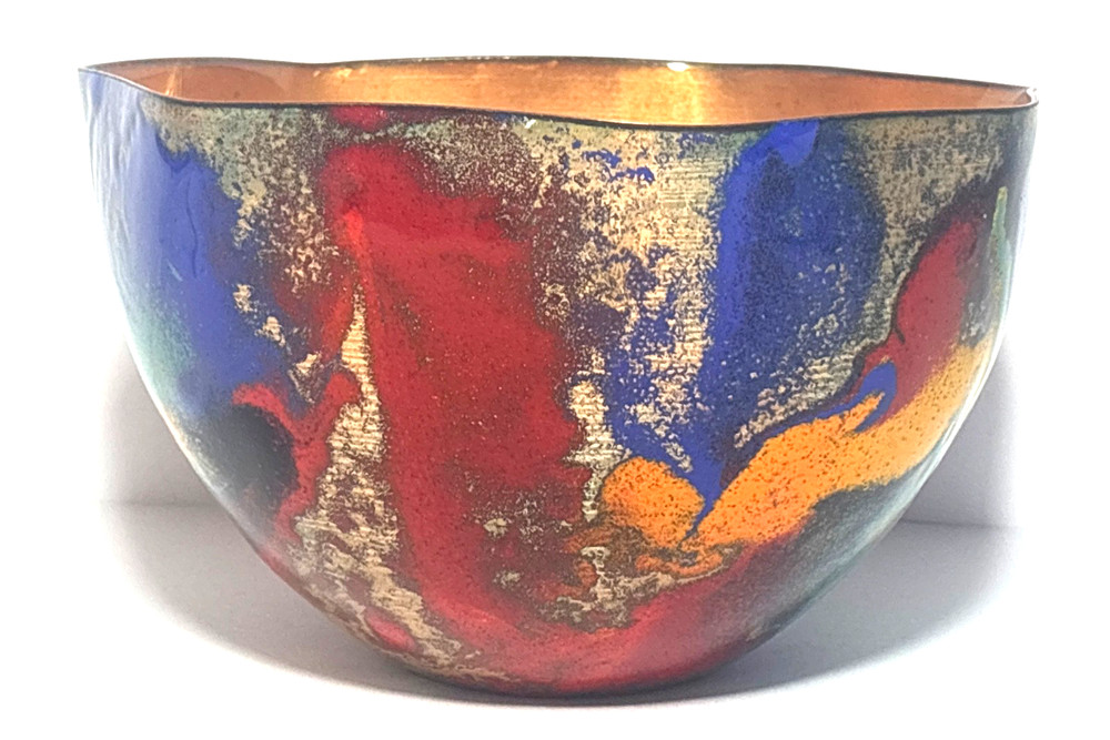 Copper Enamel Multicolor Abstract Bowl by Sansone Studio 2002 USA  7" D