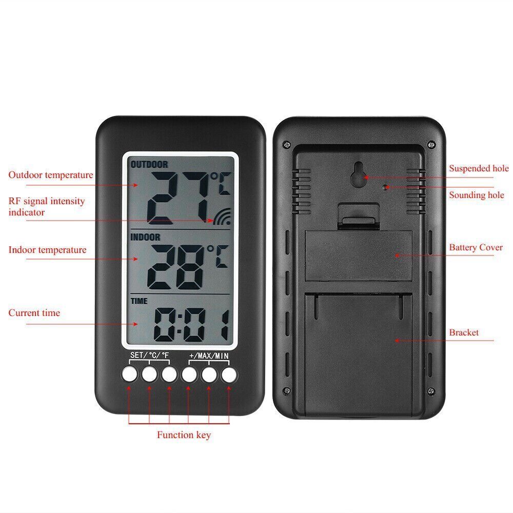 Digital Thermometer Clock Indoor/OutdoorTemperature Wireless Transmitter Meter