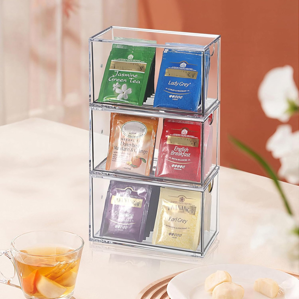 3 Drawers Tea Bag Organizer, Clear Acrylic Stackable Tea Bag Storage Holder for