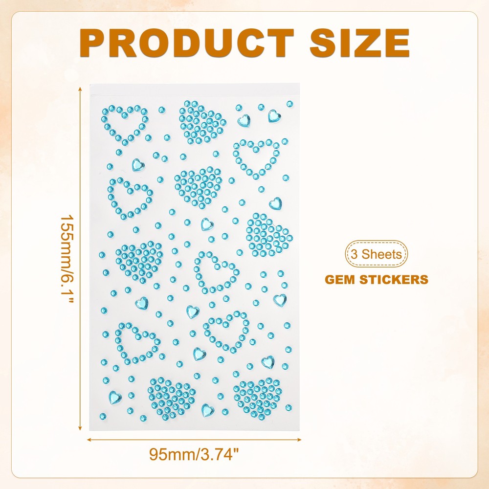 3Sheets Heart Gem Sticker, Face Gem Stickers, Blue