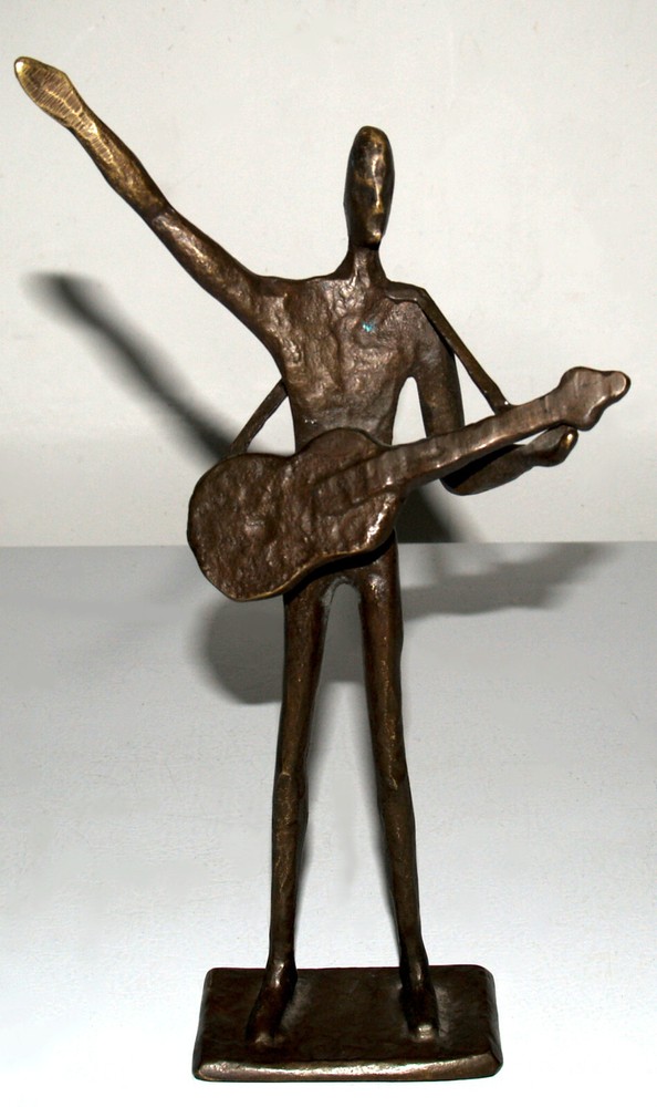 Solid Brass Brutalist Saluting Guitar Player Sculpture Figurine 10.5in