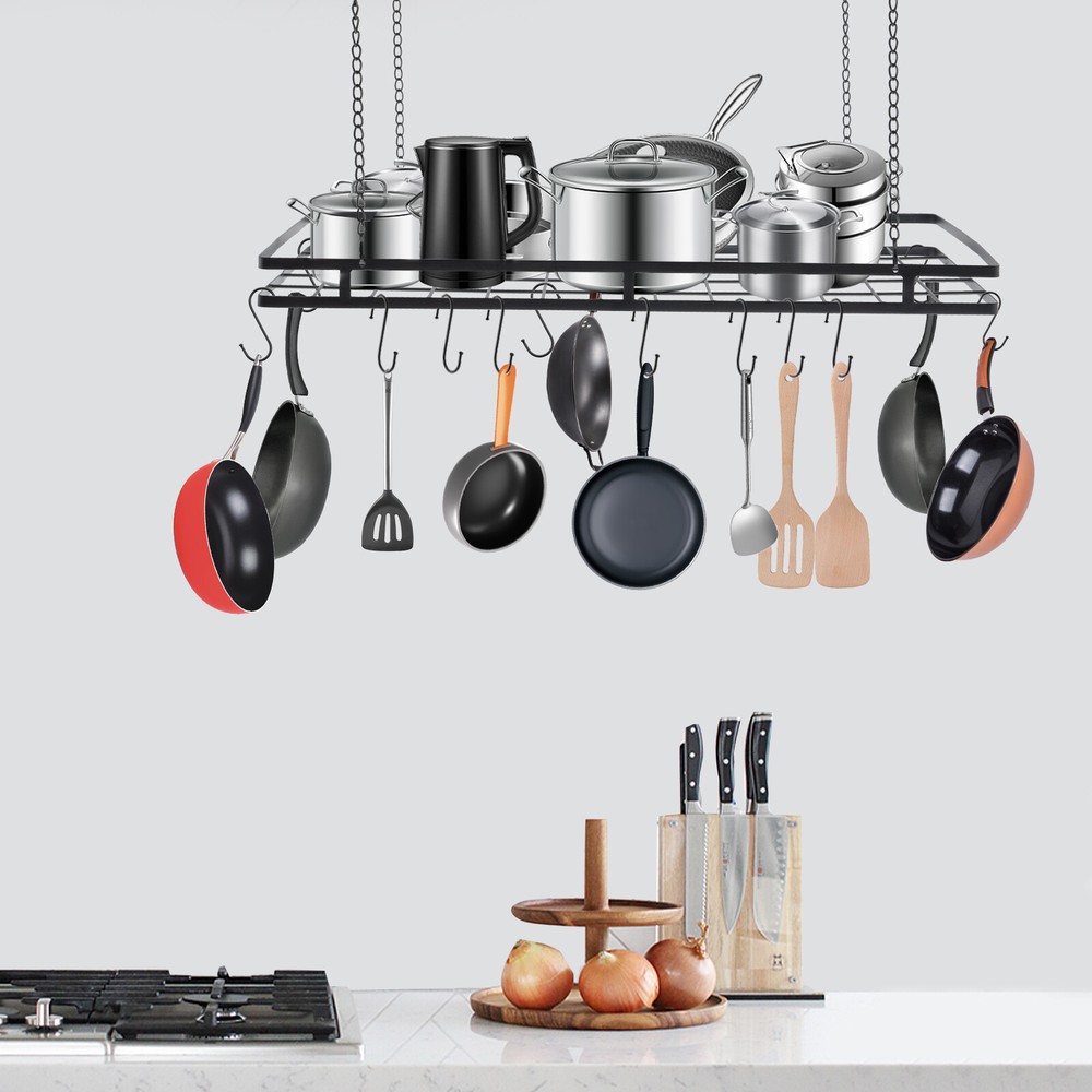 Modern Hanging Pot Holder Pan Hanger Kitchen Ceiling Rack with 12 Hooks Black