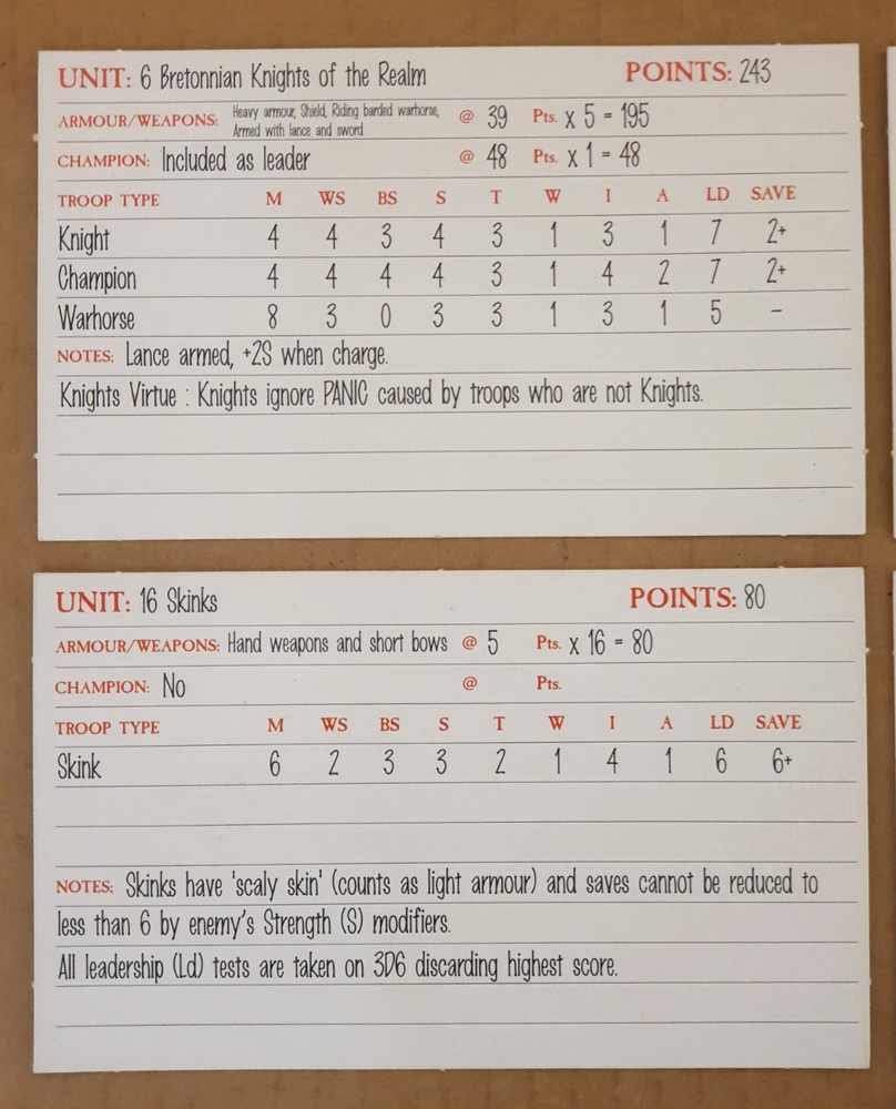 Warhammer Fantasy Battle - Unit Cards x 7