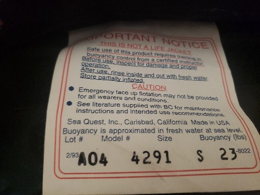 SeaQuest Zero Gravity Bouyancy Compensator BC Scuba - Size SMALL S