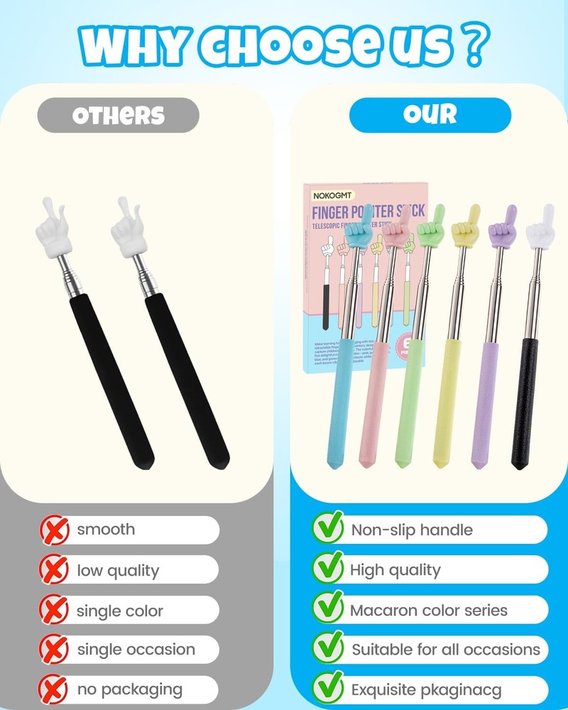 NOKOGMT 6PCS Finger Pointer Stick for Classroom – Extendable Teacher Pointer...