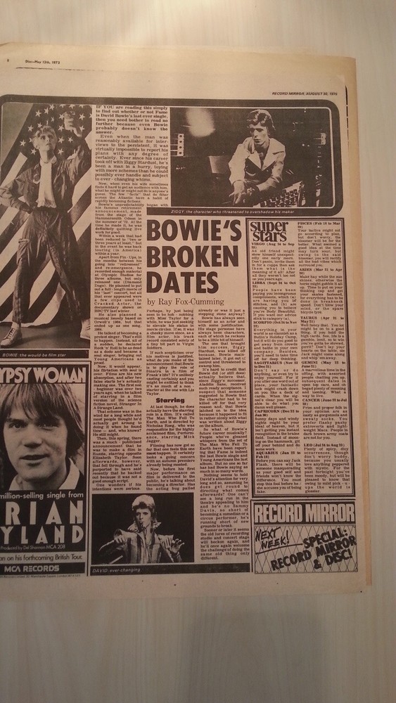 DAVID BOWIE 'broken dates' 1975 UK ARTICLE / clipping