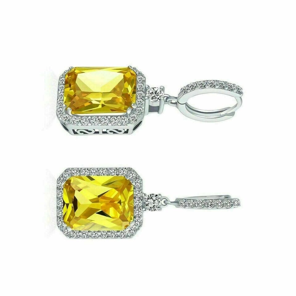 2.60Ct Lab Created Emerald Cut Citrine Drop/Dangle Earrings 14K White Gold FN