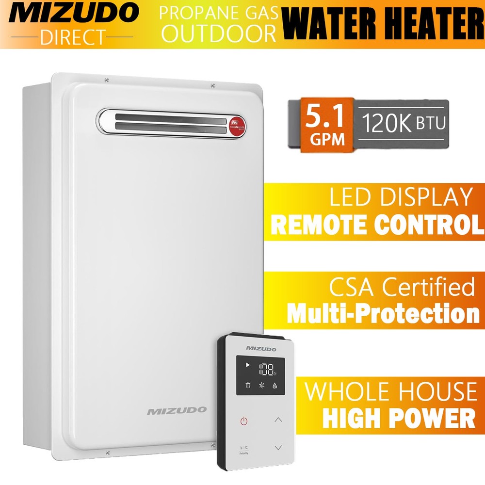 120K BTU Tankless Water Heater Outdoor Propane Gas 5.1 GPM Constant Hot Water