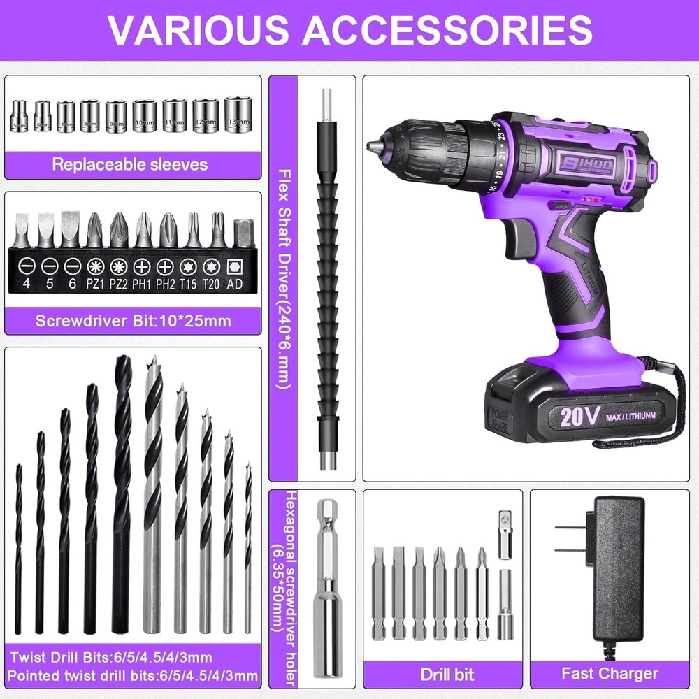 20V Cordless Power Drill Kit with 43 Bits & LED Light