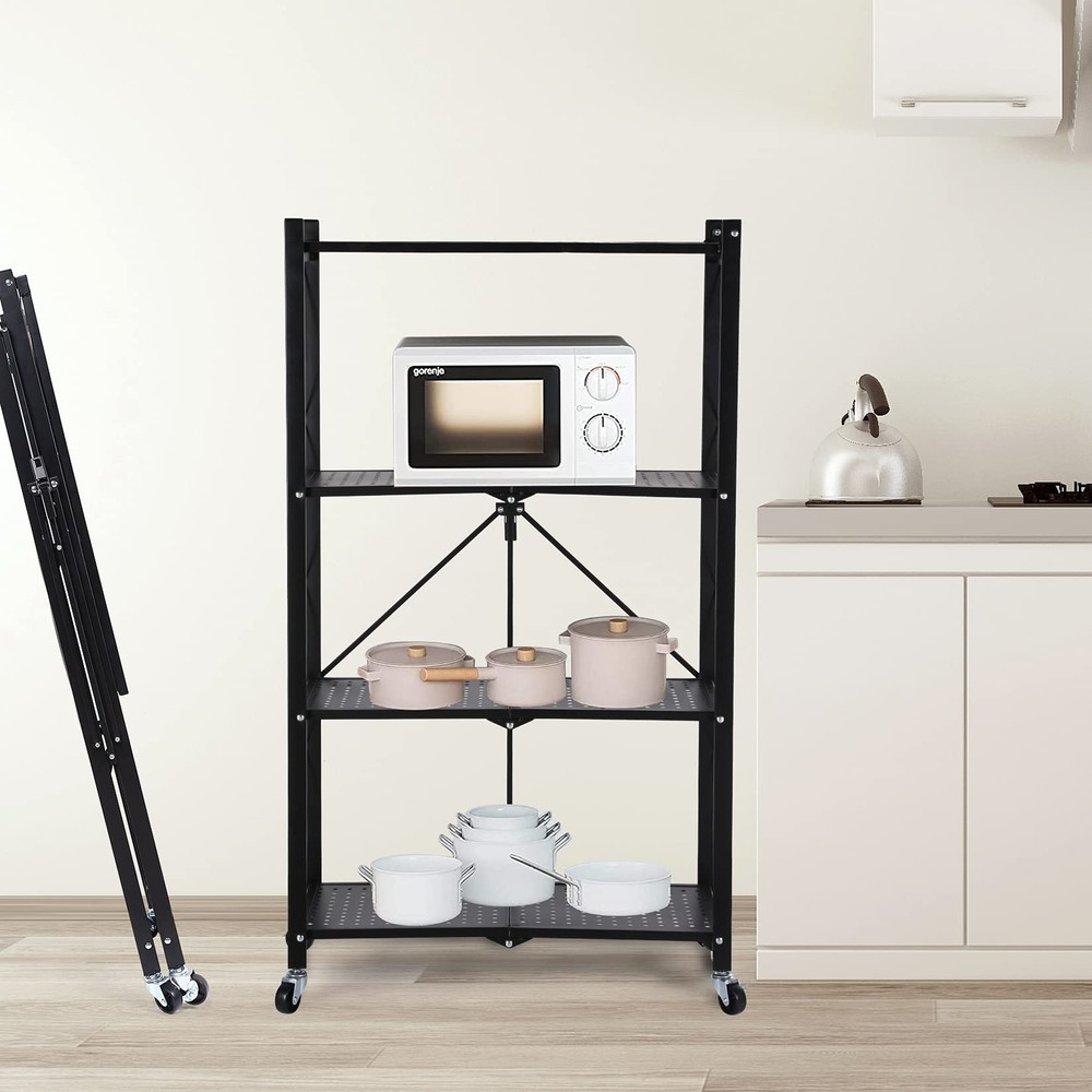 4-Tier Foldable Metal Rack Storage Shelving Unit with Wheels 2 Pack