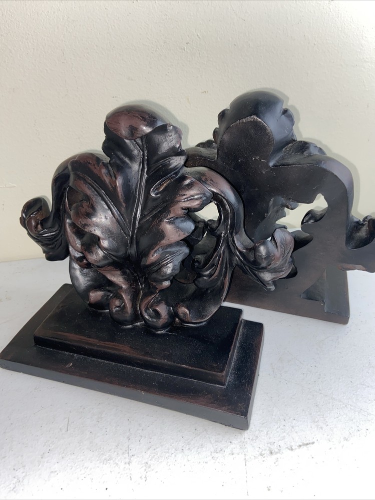 Pair Floral Scroll Carved Resin Bookends  Dark Brown/Black 9”x8” Solid Decor