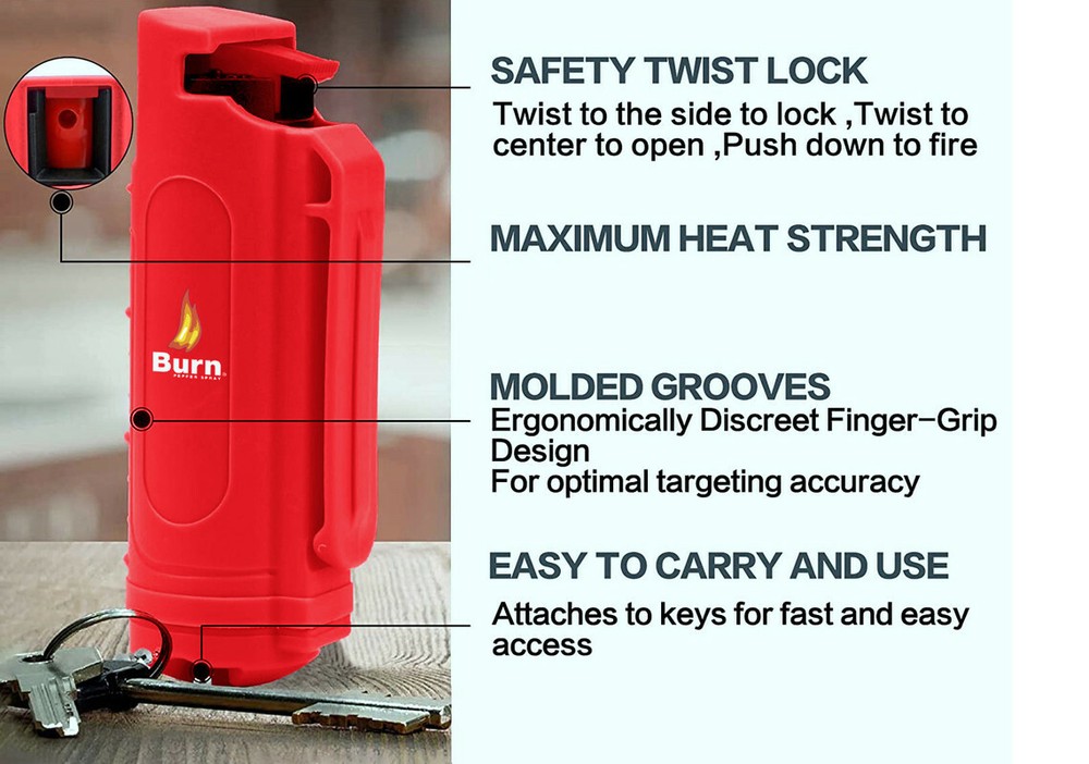 8 BURN Pepper Spray Keychain 1/2oz Self Defense in Red Hard Shell Security Case