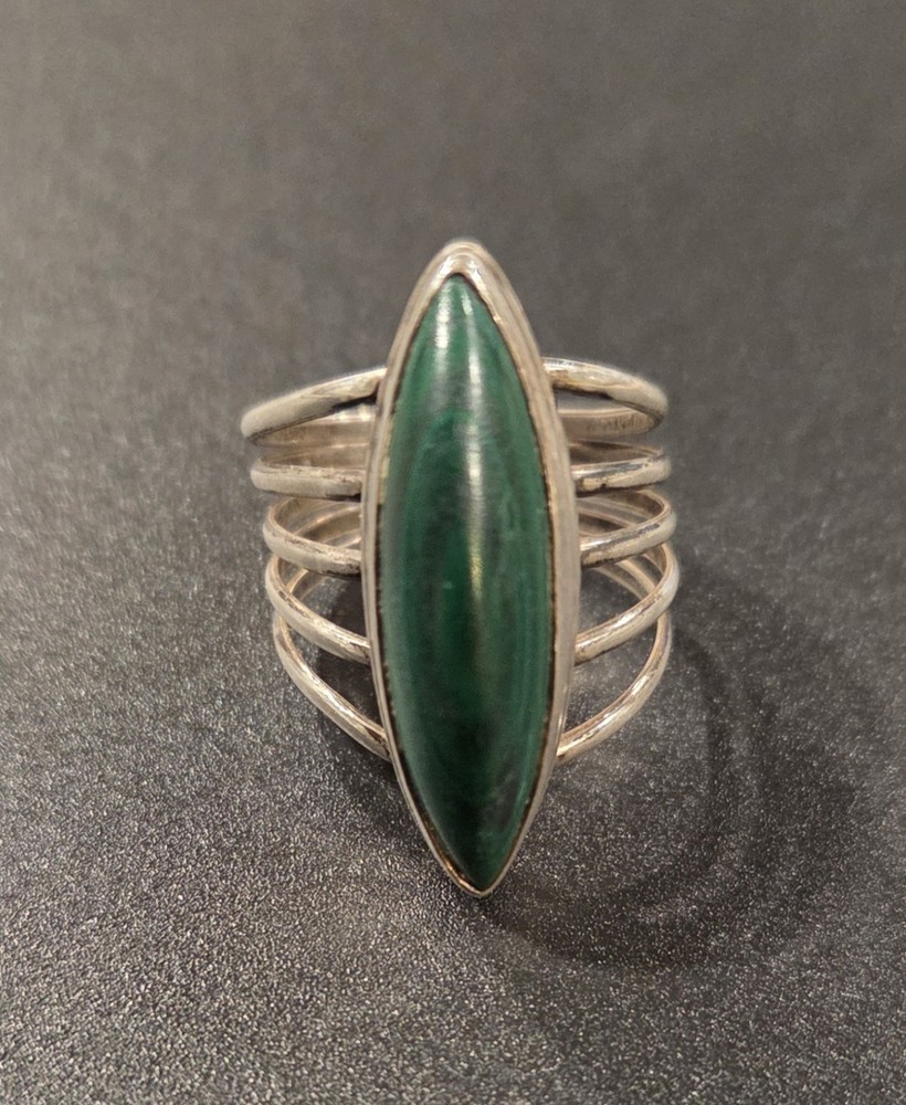 Native American Sterling and Malachite Ring Size 7.5 Marked Sterling