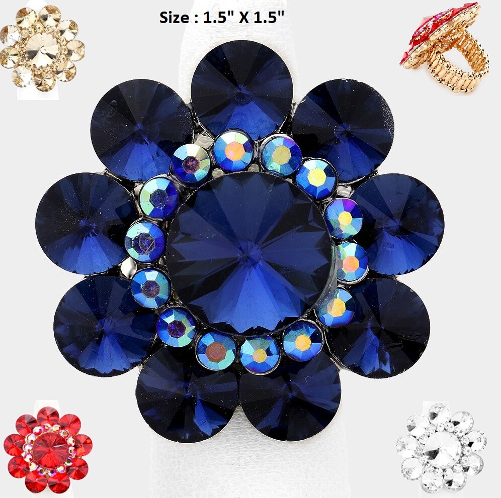 Big Oversized Flower Statement Cocktail Ring Crystal Rhinestone Stretch One Size