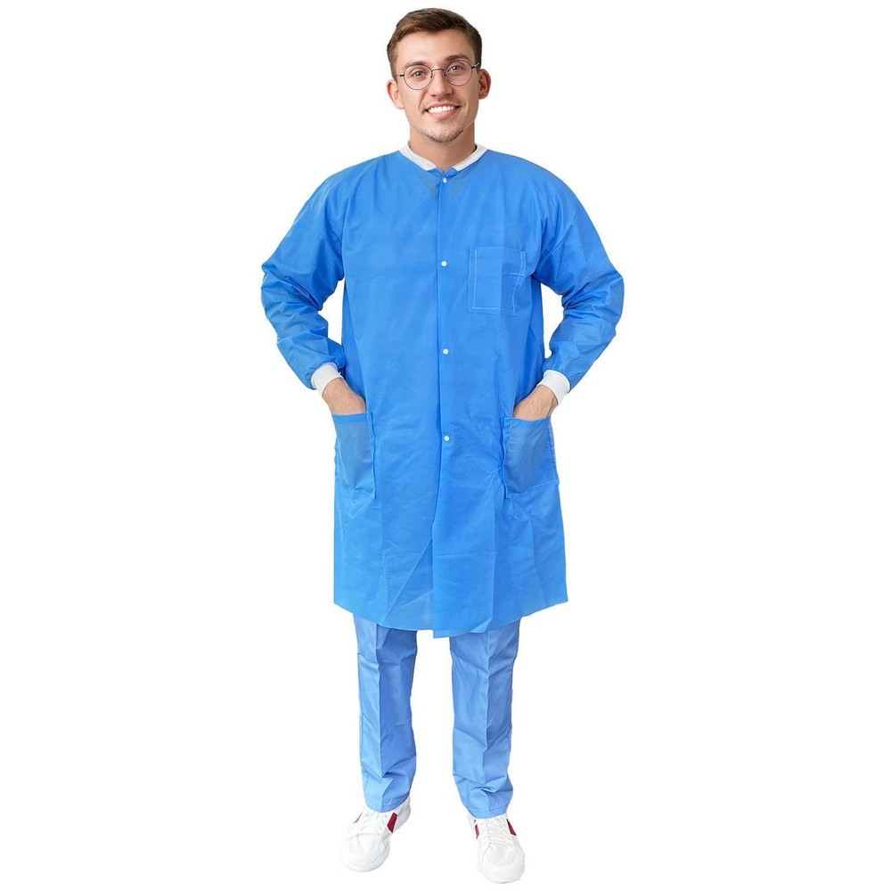 Blue Disposable Lab Coats SMS Protective Snaps 3 Pockets 100 Count 2X-Large