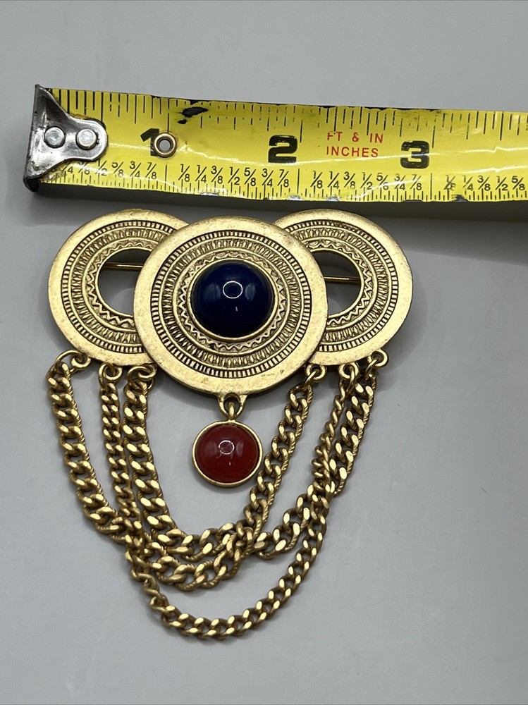 Navy Blue Interlocking Circles Brooch Pin Gold Tone Chains