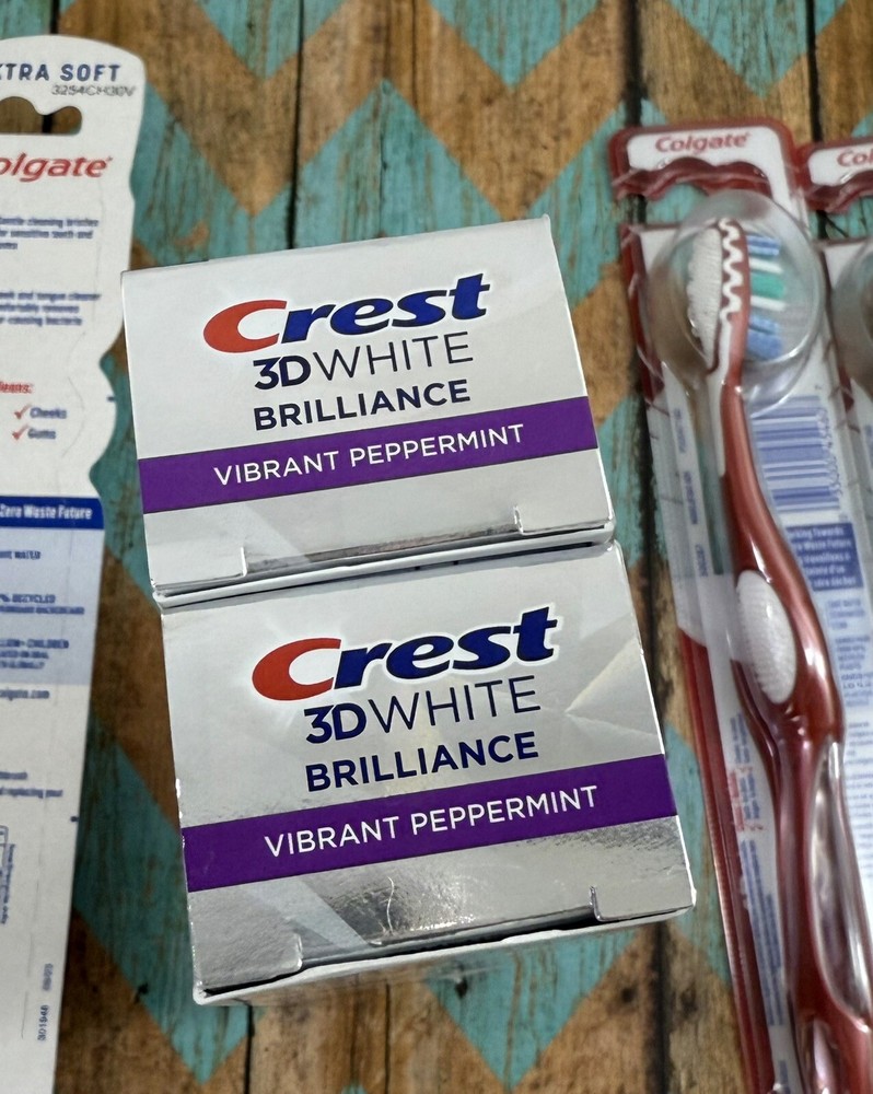 2)CREST 3D WHITE Toothpaste Mint 6/27 +4)COLGATE 360 Toothbrushes Extra,Soft,Med