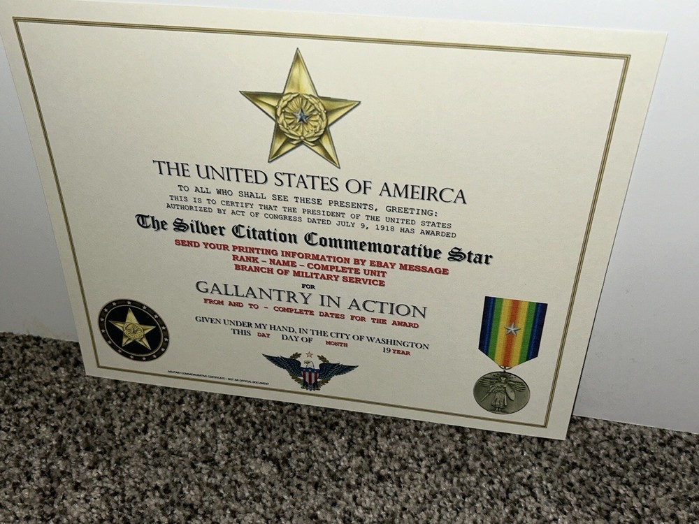 WW1 - SILVER CITATION COMMEMORATIVE CERTIFICATE ~ CUSTOM PRINTING T-1