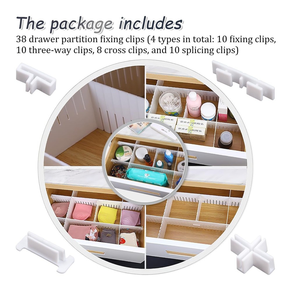 38Pcs Adjustable Drawer Divider Clips Holder Plastic Side Fixing Buckle for D...